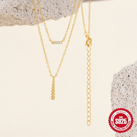 Wholesale S925 Sterling Silver Geometric Double Layer Long Necklace With Round Balls And Electroplating Treatment