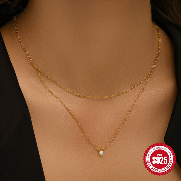 Wholesale S925 Sterling Silver Geometric Double Layer Single Diamond Pendant Women's Necklace With Electroplating