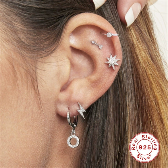 Wholesale S925 Sterling Silver Geometric Ear Bone Stud Earrings With Crown Lightning Love Arrow Design And Inlaid Zircon