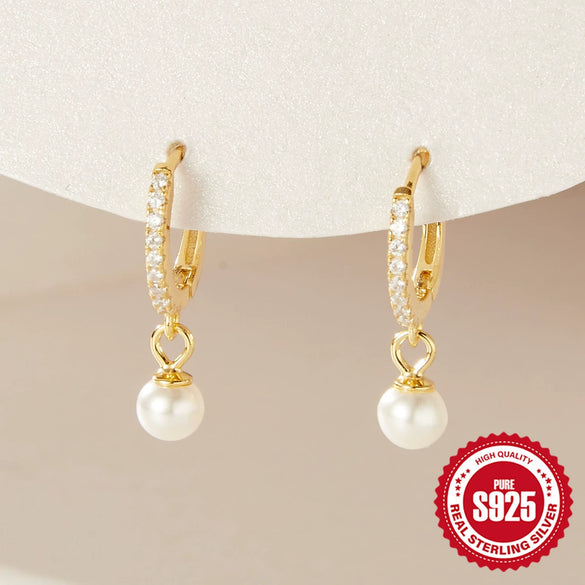 Wholesale S925 Sterling Silver Geometric Ear Ring With Pearl Eardrop And Zirconia Treatment
