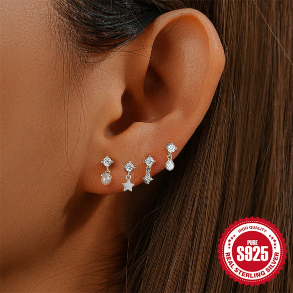 Wholesale S925 Sterling Silver Geometric Five Pointed Star Pearl Ear Bone Nail With Flower Pattern Electroplated For Women
