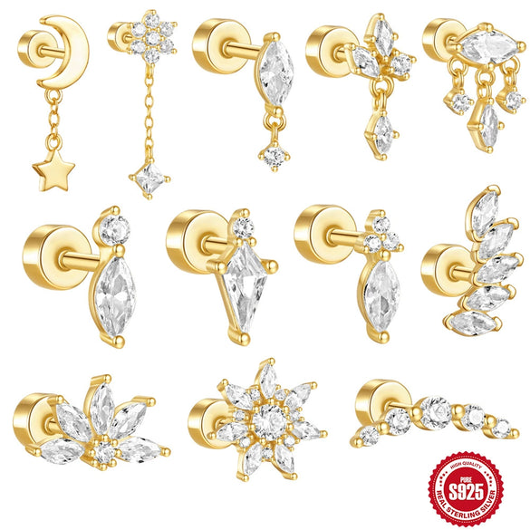 Wholesale S925 Sterling Silver Geometric Flat Bottom Cylindrical Body Ear Nails With Diamond Thread Puncture And Environmentally Friendly Plating For Unisex
