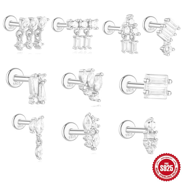 Wholesale S925 Sterling Silver Geometric Flat Bottom Spiral Puncture Ear Nail With Exquisite Zircon Diamond And Environmentally Friendly Electroplating Ear Jewelry For Unisex