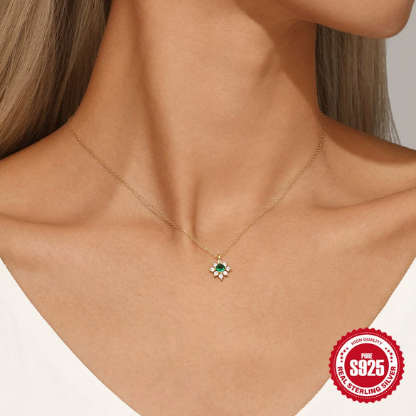 Wholesale S925 Sterling Silver Geometric Flower Emerald Diamond All Match Women's Collarbone Necklace Set With Gemstones