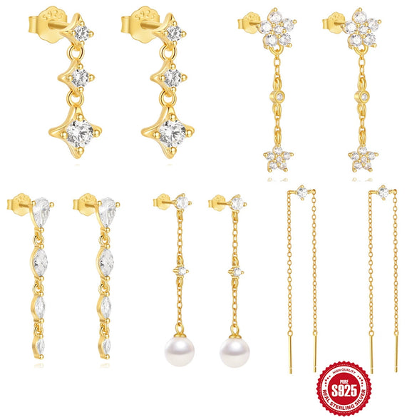 Wholesale S925 Sterling Silver Geometric Flower Tassel Chain Earrings For Women With Electroplating Design