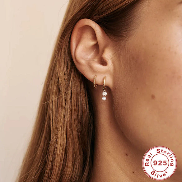 Wholesale S925 Sterling Silver Geometric Glossy Earrings With Pendant Triple Perforated Zircon For Women