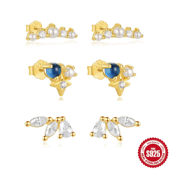 Wholesale S925 Sterling Silver Geometric Horse Eye Water Drop Zircon Pearl Stacked Ear Studs Earrings With Electroplating
