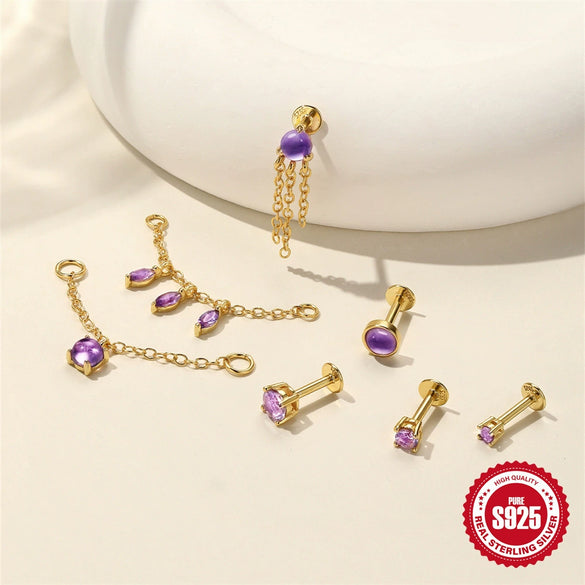 Wholesale S925 Sterling Silver Geometric Inlaid Natural High End Amethyst Tassel Piercing Earrings And Ear Bone Nails With Electroplating
