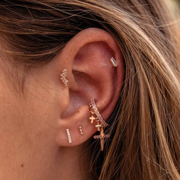 Wholesale S925 Sterling Silver Geometric Irregular Single Row Diamond Piercing Thread Ear Nail Mini Auricle Earrings With Environmental Protection Electroplating