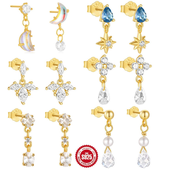 Wholesale S925 Sterling Silver Geometric Light Luxury Earrings With Electroplating Eight Mang Star Water Drops Design