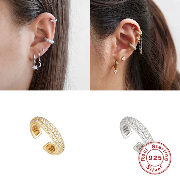 Wholesale S925 Sterling Silver Geometric Light Luxury Three Row Diamond Stone Single Ear Ring With Ear Clip And Ear Buckle Electroplated Women's Earrings