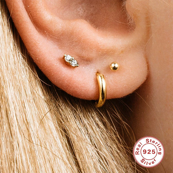Wholesale S925 Sterling Silver Geometric Lightning Star Moon Embedded Flat Head Internal Thread Electroplated Women's Cartilage Ear Stud Earrings
