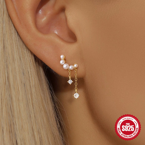 Wholesale S925 Sterling Silver Geometric Love Moon Diamond Elegant Long Tassel Pearl Chain Earrings For Women With Electroplating