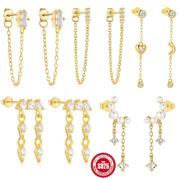 Wholesale S925 Sterling Silver Geometric Love Moon Diamond Elegant Long Tassel Pearl Chain Earrings For Women With Electroplating