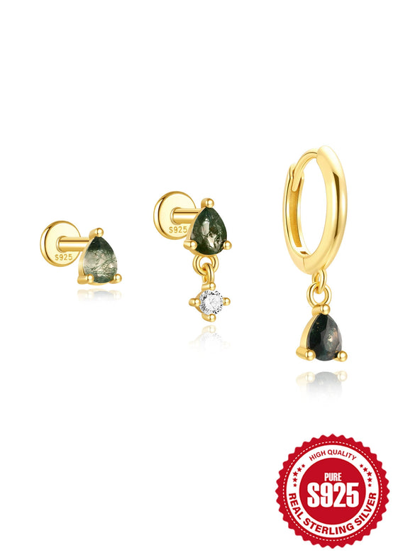 Wholesale S925 Sterling Silver Geometric Moss Agate Diamond Puncture Cartilage Earrings For Women With Electroplating Design