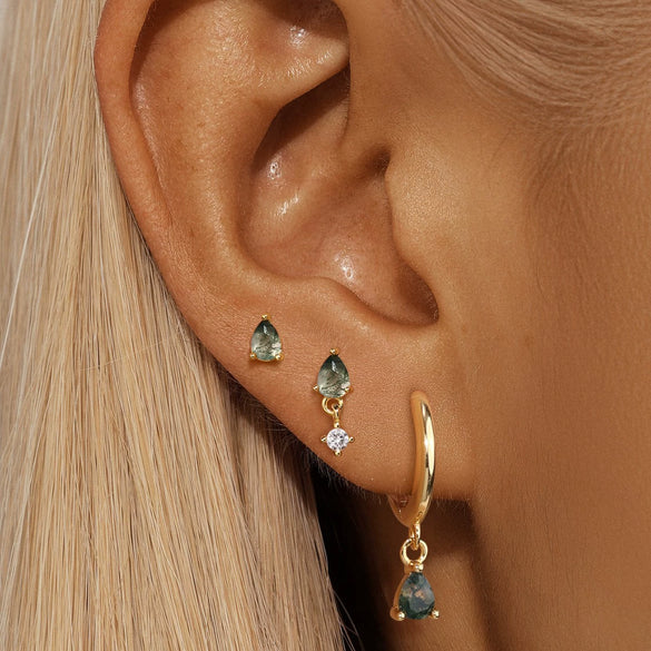 Wholesale S925 Sterling Silver Geometric Moss Agate Diamond Puncture Cartilage Earrings For Women With Electroplating Design