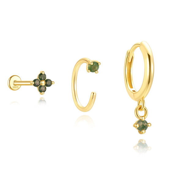 Wholesale S925 Sterling Silver Geometric Moss Agate Diamond Puncture Cartilage Earrings For Women With Electroplating Design