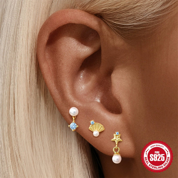 Wholesale S925 Sterling Silver Geometric Ocean Jellyfish Shell Pearl Piercing Earrings Cartilage Spiral Nose Ring Ear Bone Nail With Zirconia Design
