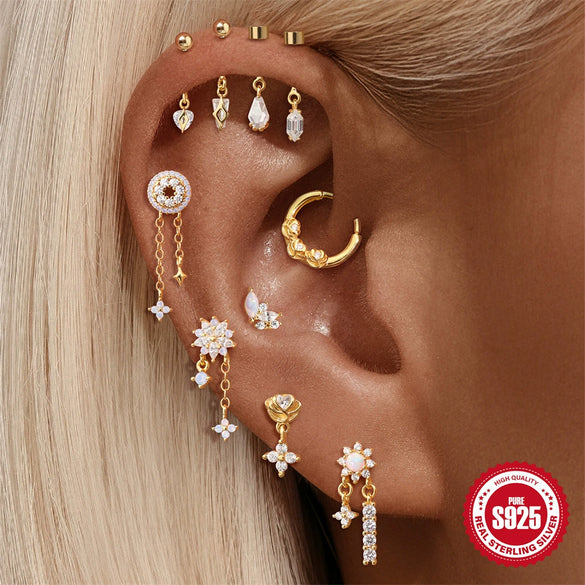 Wholesale S925 Sterling Silver Geometric Ocean Jellyfish Shell Pearl Piercing Earrings Cartilage Spiral Nose Ring Ear Bone Nail With Zirconia Design