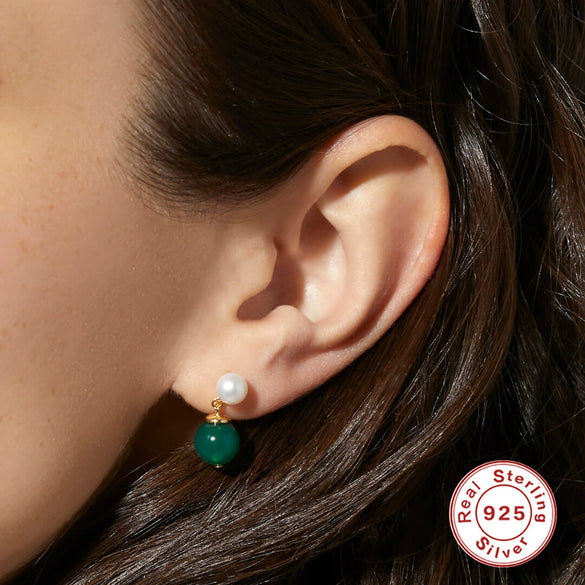 Wholesale S925 Sterling Silver Geometric Palace Style Electroplated Pearl Chalcedony Earrings For Women