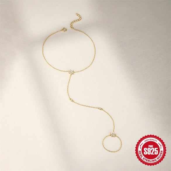 Wholesale S925 Sterling Silver Geometric Petal Finger Chain Bracelet For Women With Real Gold Plating Electroplating Design