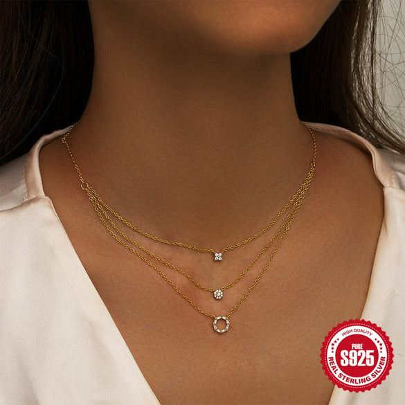 Wholesale S925 Sterling Silver Geometric Round Diamondencrusted Threelayer Stacked Collarbone Chain Electroplated Necklace For Women