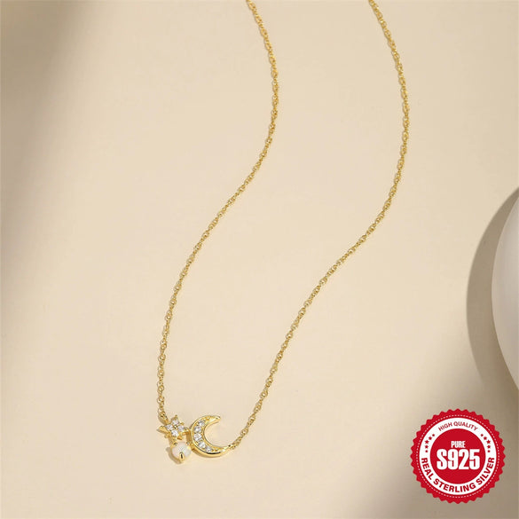 Wholesale S925 Sterling Silver Geometric Sixpoint Star Moon Opal Necklace With Zirconia Treatment And Ochain
