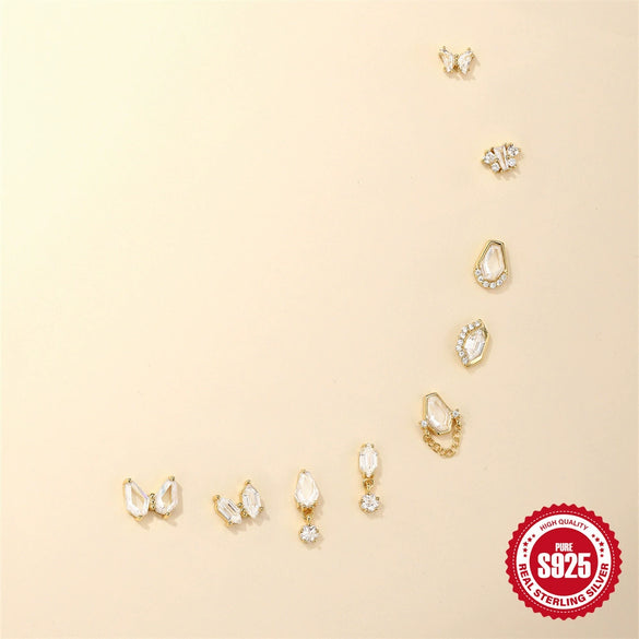 Wholesale S925 Sterling Silver Geometric Specialshaped Electroplated Noncolliding Zircon Thicksoled Flathead External Thread Piercing Earrings For Women