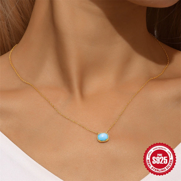 Wholesale S925 Sterling Silver Geometric Square Necklace With Turquoise For Women Electroplated Ochain Neck Jewelry