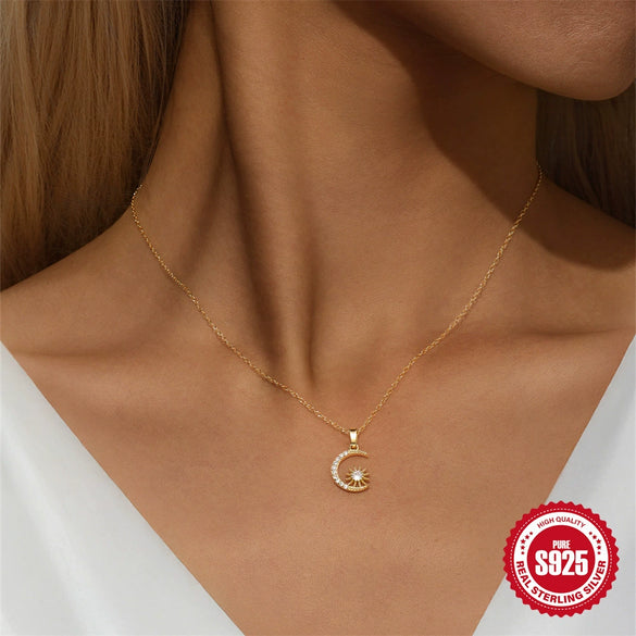 Wholesale S925 Sterling Silver Geometric Star And Moon Pendant O Word Chain Necklace For Women With Electroplating Design