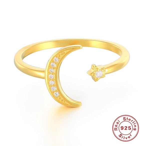 Wholesale S925 Sterling Silver Geometric Star And Moon Ring With Electroplating Adjustable Fashion Design