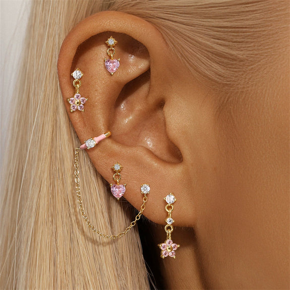 Wholesale S925 Sterling Silver Geometric Star Aobao Tassel Exquisite Stacked Joker Puncture Burst Earrings Set With Gems