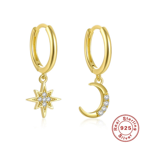 Wholesale S925 Sterling Silver Geometric Star Moon Asymmetric Earrings With Inlaid Zircon And Creative Ear Buckle Unisex Fashion Jewelry
