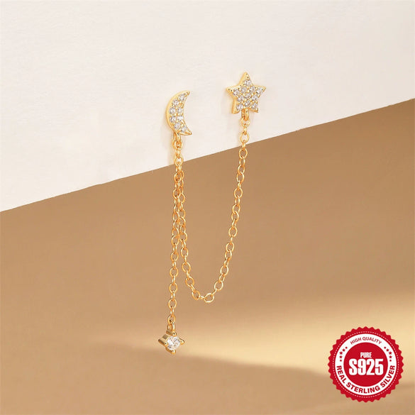 Wholesale S925 Sterling Silver Geometric Star Moon Asymmetric Tassel Earrings For Women With Electroplating Design
