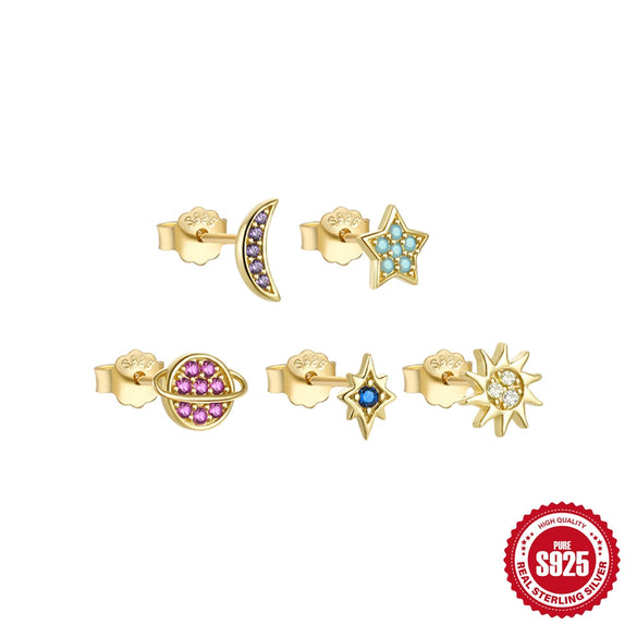Wholesale S925 Sterling Silver Geometric Star Moon Color Diamond Planet Galaxy 5Piece Set Ear Studs Earrings With Electroplating