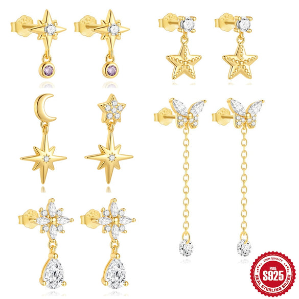 Wholesale S925 Sterling Silver Geometric Star Moon Diamond Electroplated Women's Earrings