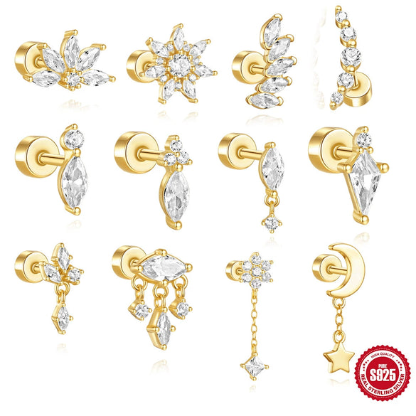 Wholesale S925 Sterling Silver Geometric Star Moon Flower Crown Smooth Tassel Flat Head Thread Piercing Ear Bone Nail Set With Gems