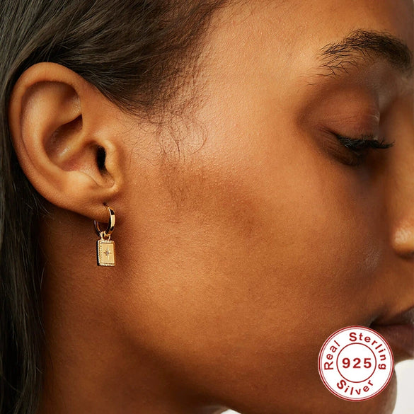 Wholesale S925 Sterling Silver Geometric Stars Square Pendant Earrings With Electroplating And Diamond Encrusted Design