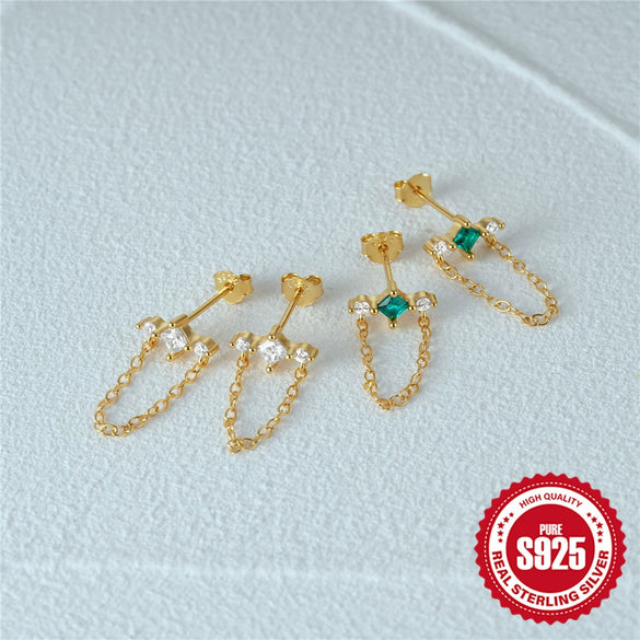 Wholesale S925 Sterling Silver Geometric Tassel Chain Diamond Embedded Ear Studs Earrings For Women
