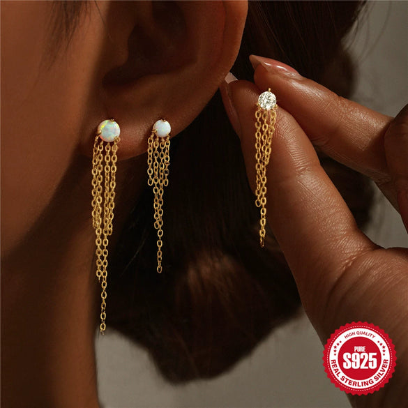 Wholesale S925 Sterling Silver Geometric Tassel Chain Earrings Set With Electroplating For Women