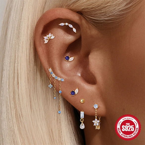 Wholesale S925 Sterling Silver Geometric Tassel Flat Head Threaded Piercing Earrings With Environmentally Friendly Electroplating