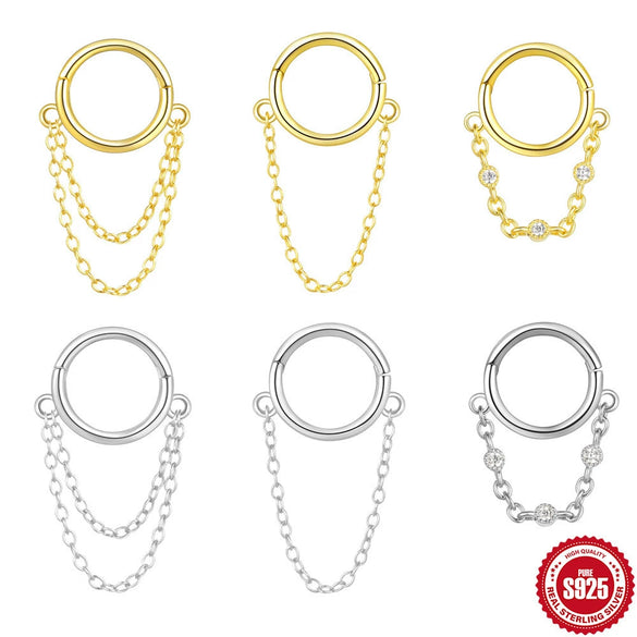 Wholesale S925 Sterling Silver Geometric Tassel Piercing Earrings And Seamless Ring Nose Ring For Women With Electroplating