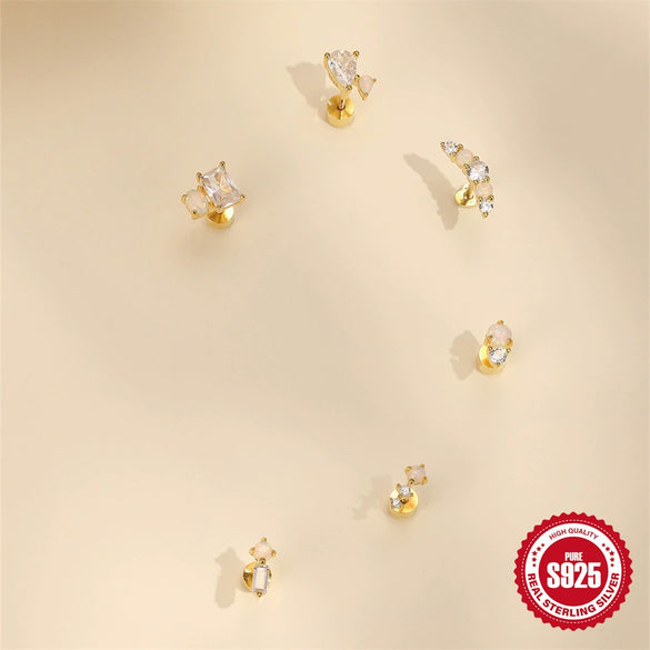 Wholesale S925 Sterling Silver Geometric Water Drops Opal Diamond Encrusted Electroplated Fashion Flat Back Puncture Thread Ear Bone Nail Ear Accessories For Women