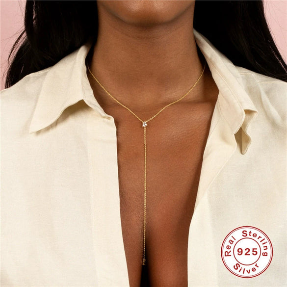 Wholesale S925 Sterling Silver Geometric Y Shaped Diamond Embedded Clavicle Necklace For Women