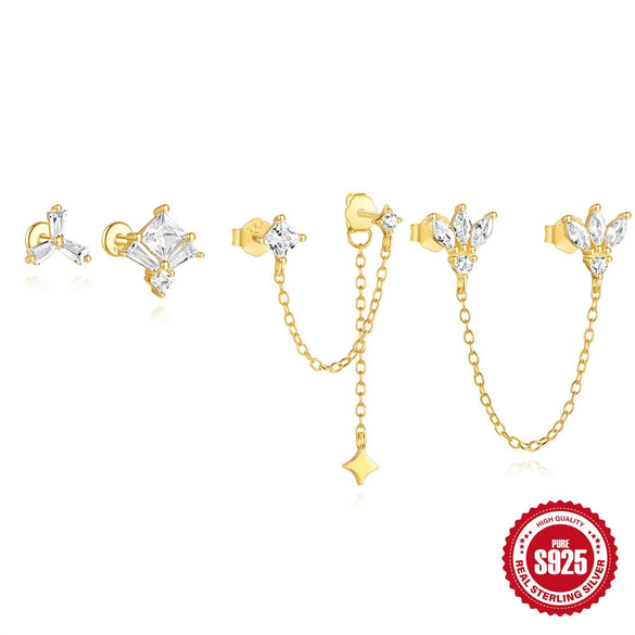 Wholesale S925 Sterling Silver Geometric Zircon Chain Double Ear Hole Fashion Earrings With Real Gold Plating