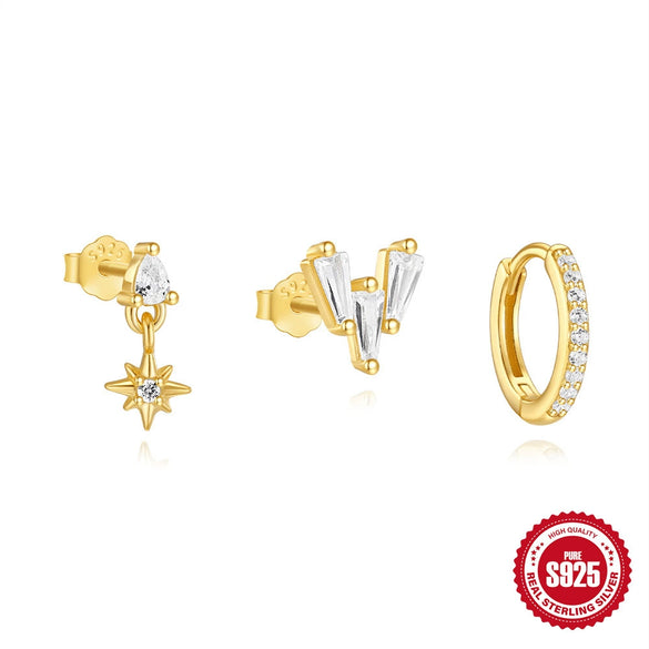 Wholesale S925 Sterling Silver Geometric Zircon Earrings 3Piece Set With Electroplating For Women
