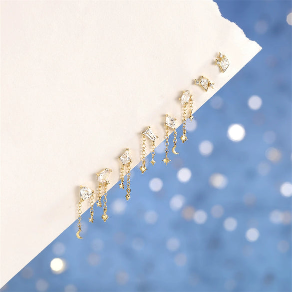 Wholesale S925 Sterling Silver Geometric Zircon Star Moon Beads Threaded Piercing Ear Bone Nails Tassel Earrings With Environmentally Friendly Electroplating