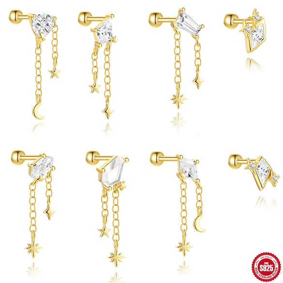 Wholesale S925 Sterling Silver Geometric Zircon Star Moon Eight Pointed Star Tassel Ball Piercing Ear Bone Nail Earrings With Electroplating