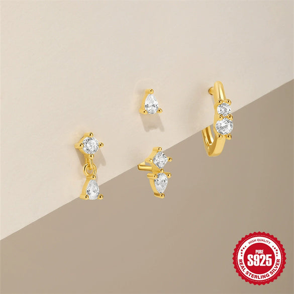 Wholesale S925 Sterling Silver Geometric Zircon Stitching Water Drop Element Women's Earrings Suit