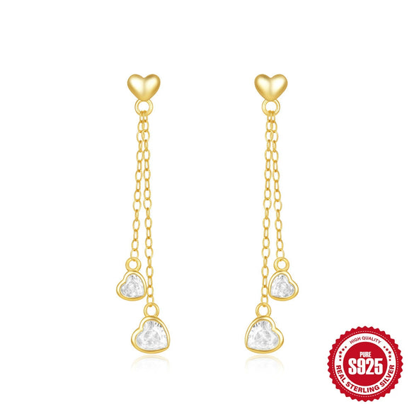 Wholesale S925 Sterling Silver Glossy Love Tassel Chain Inlaid Love Zircon Geometric Minimalist Earrings For Women